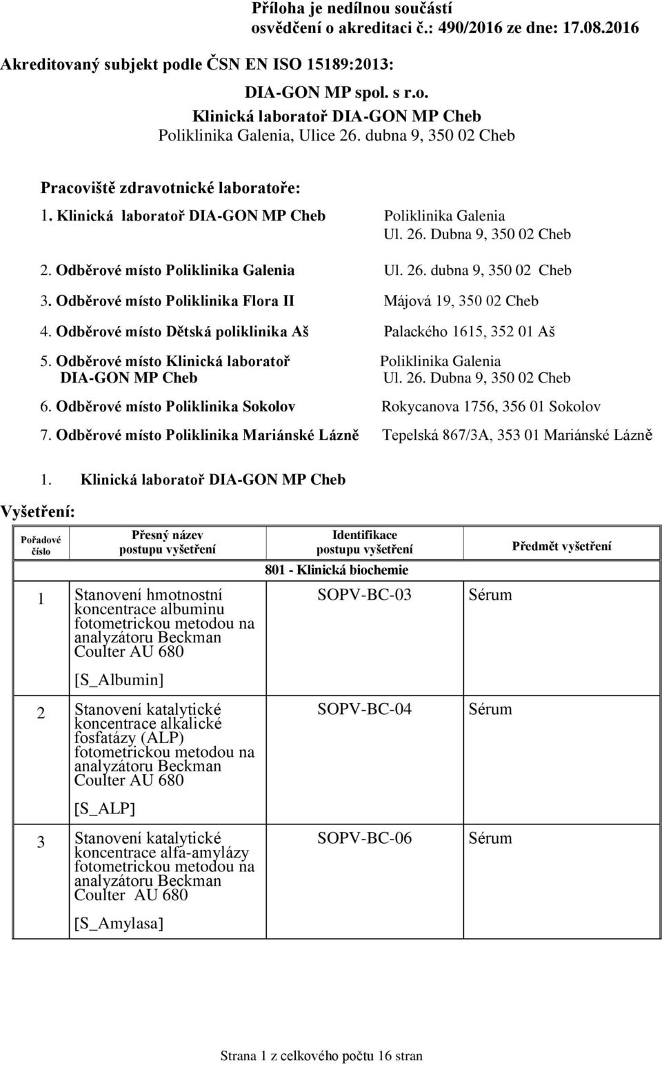 Odběrové místo Klinická laboratoř Poliklinika Galenia DIA-GON MP Cheb Ul. 26. Dubna 9, 350 02 Cheb 6. Odběrové místo Poliklinika Sokolov Rokycanova 1756, 356 01 Sokolov 7.