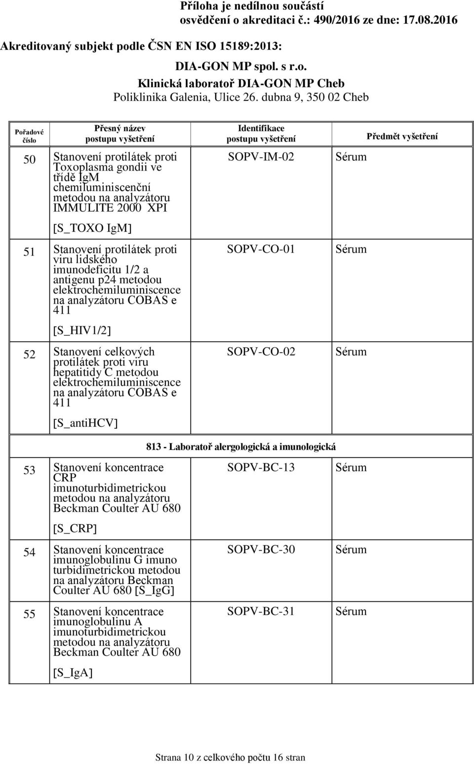 [S_antiHCV] SOPV-IM-02 SOPV-CO-01 SOPV-CO-02 53 Stanovení koncentrace CRP imunoturbidimetrickou [S_CRP] 54 Stanovení koncentrace imunoglobulinu G imuno turbidimetrickou metodou na