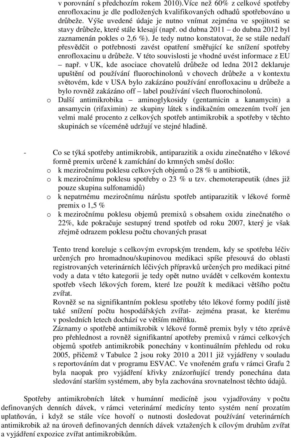 Je tedy nutno konstatovat, že se stále nedaří přesvědčit o potřebnosti zavést opatření směřující ke snížení spotřeby enrofloxacinu u drůbeže. V této souvislosti je vhodné uvést informace z EU např.