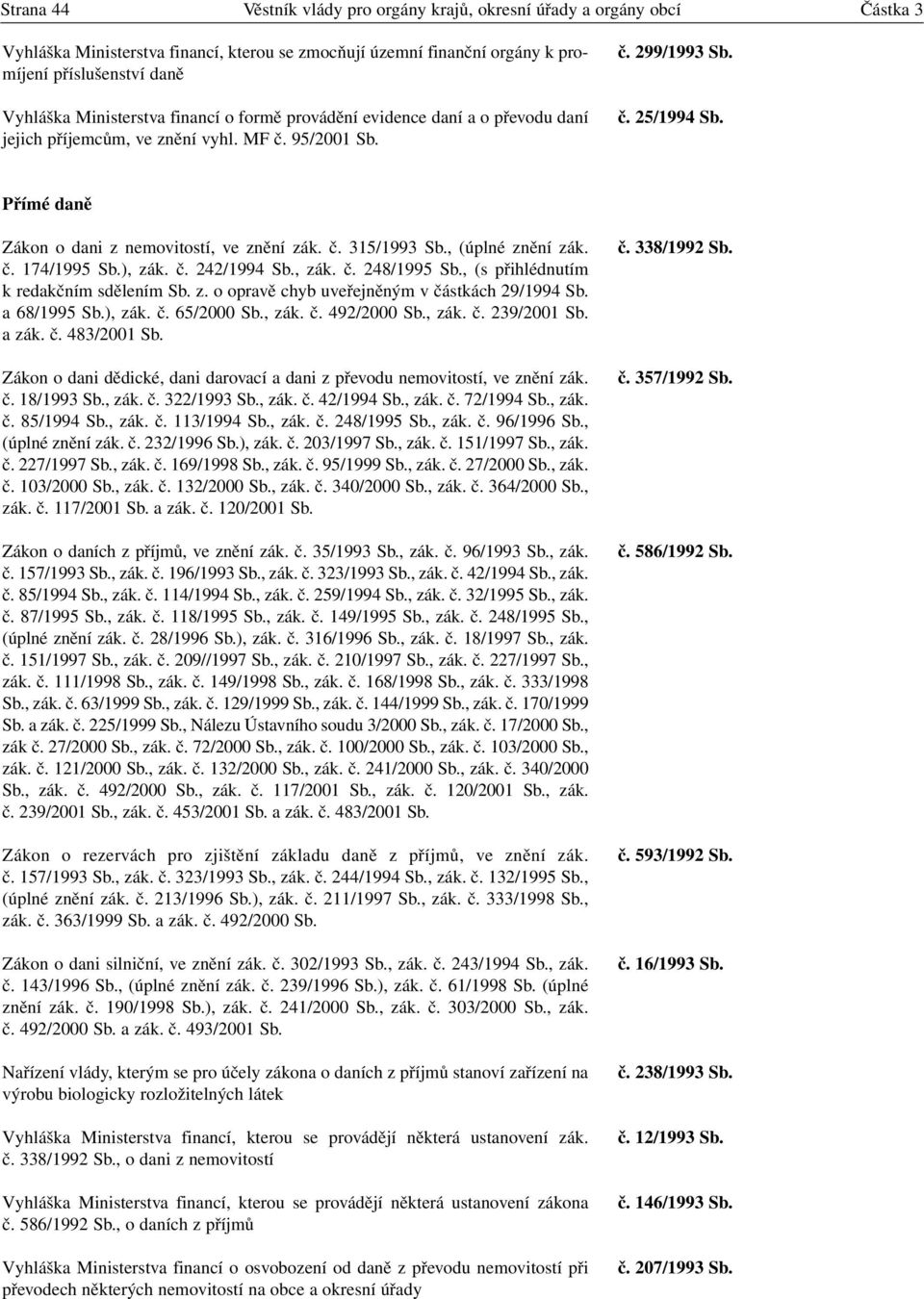 Přímé daně Zákon o dani z nemovitostí, ve znění zák. č. 315/1993 Sb., (úplné znění zák. č. 174/1995 Sb.), zák. č. 242/1994 Sb., zák. č. 248/1995 Sb., (s přihlédnutím k redakčním sdělením Sb. z. o opravě chyb uveřejněným v částkách 29/1994 Sb.