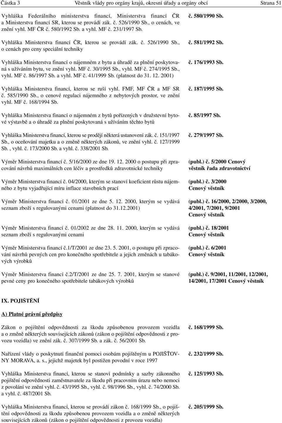 , o cenách pro ceny speciální techniky Vyhláška Ministerstva financí o nájemném zbytu a úhradě za plnění poskytovaná s užíváním bytu, ve znění vyhl. MF č. 30/1995 Sb., vyhl. MF č. 274/1995 Sb., vyhl. MF č. 86/1997 Sb.