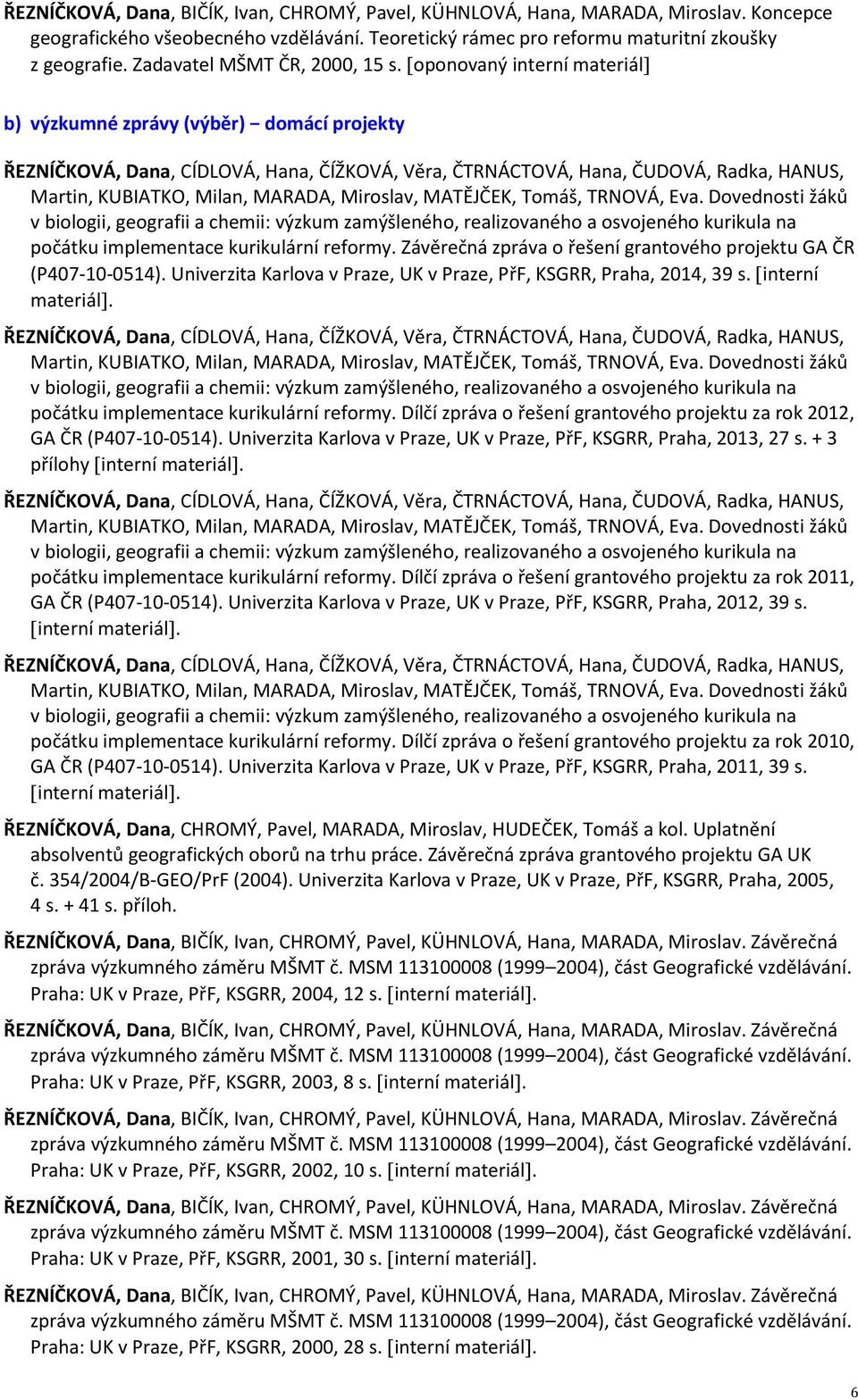 oponovaný interní materiál b) výzkumné zprávy (výběr) domácí projekty ŘEZNÍČKOVÁ, Dana, CÍDLOVÁ, Hana, ČÍŽKOVÁ, Věra, ČTRNÁCTOVÁ, Hana, ČUDOVÁ, Radka, HANUS, Martin, KUBIATKO, Milan, MARADA,