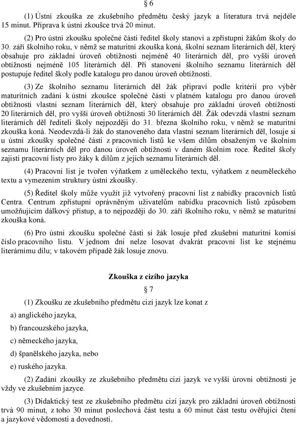 září školního roku, v němţ se maturitní zkouška koná, školní seznam literárních děl, který obsahuje pro základní úroveň obtíţnosti nejméně 40 literárních děl, pro vyšší úroveň obtíţnosti nejméně 105