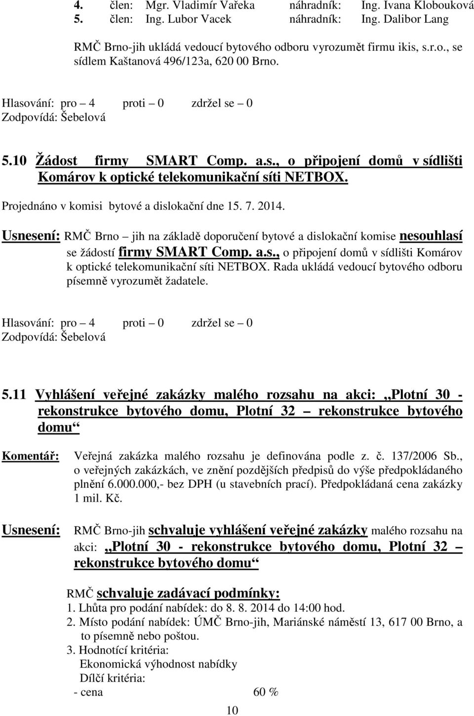 Usnesení: RMČ Brno jih na základě doporučení bytové a dislokační komise nesouhlasí se žádostí firmy SMART Comp. a.s., o připojení domů v sídlišti Komárov k optické telekomunikační síti NETBOX.