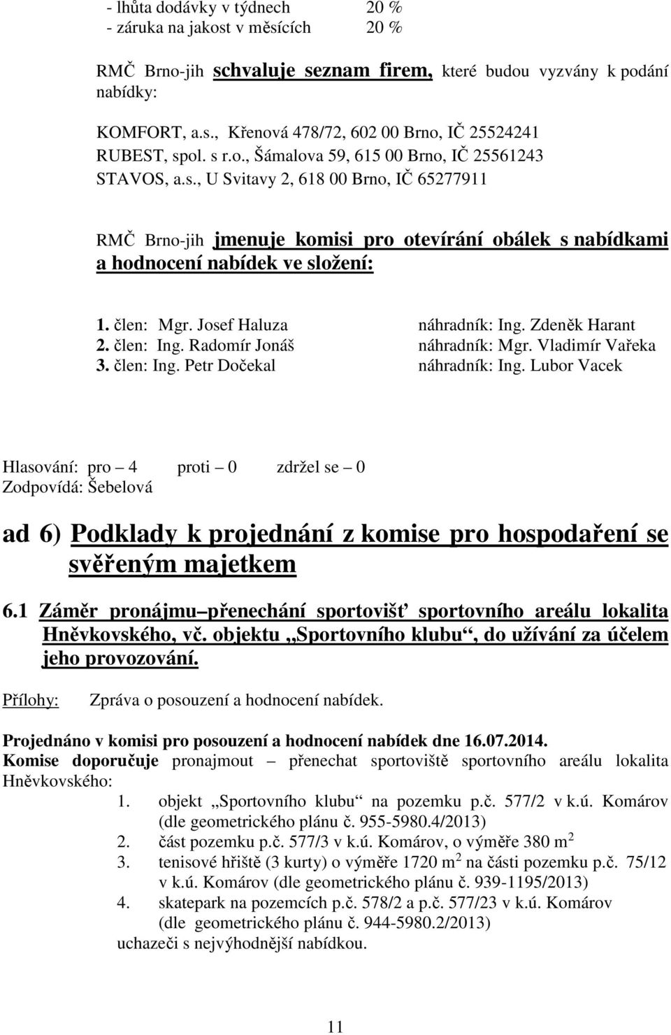 člen: Mgr. Josef Haluza náhradník: Ing. Zdeněk Harant 2. člen: Ing. Radomír Jonáš náhradník: Mgr. Vladimír Vařeka 3. člen: Ing. Petr Dočekal náhradník: Ing.
