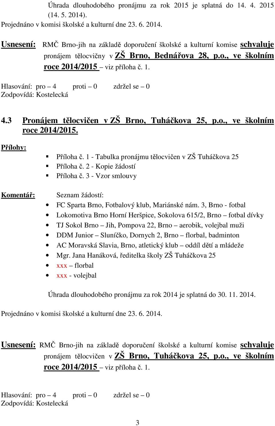 1. Zodpovídá: Kostelecká 4.3 Pronájem tělocvičen v ZŠ Brno, Tuháčkova 25, p.o., ve školním roce 2014/2015. Přílohy: Komentář: Příloha č. 1 - Tabulka pronájmu tělocvičen v ZŠ Tuháčkova 25 Příloha č.