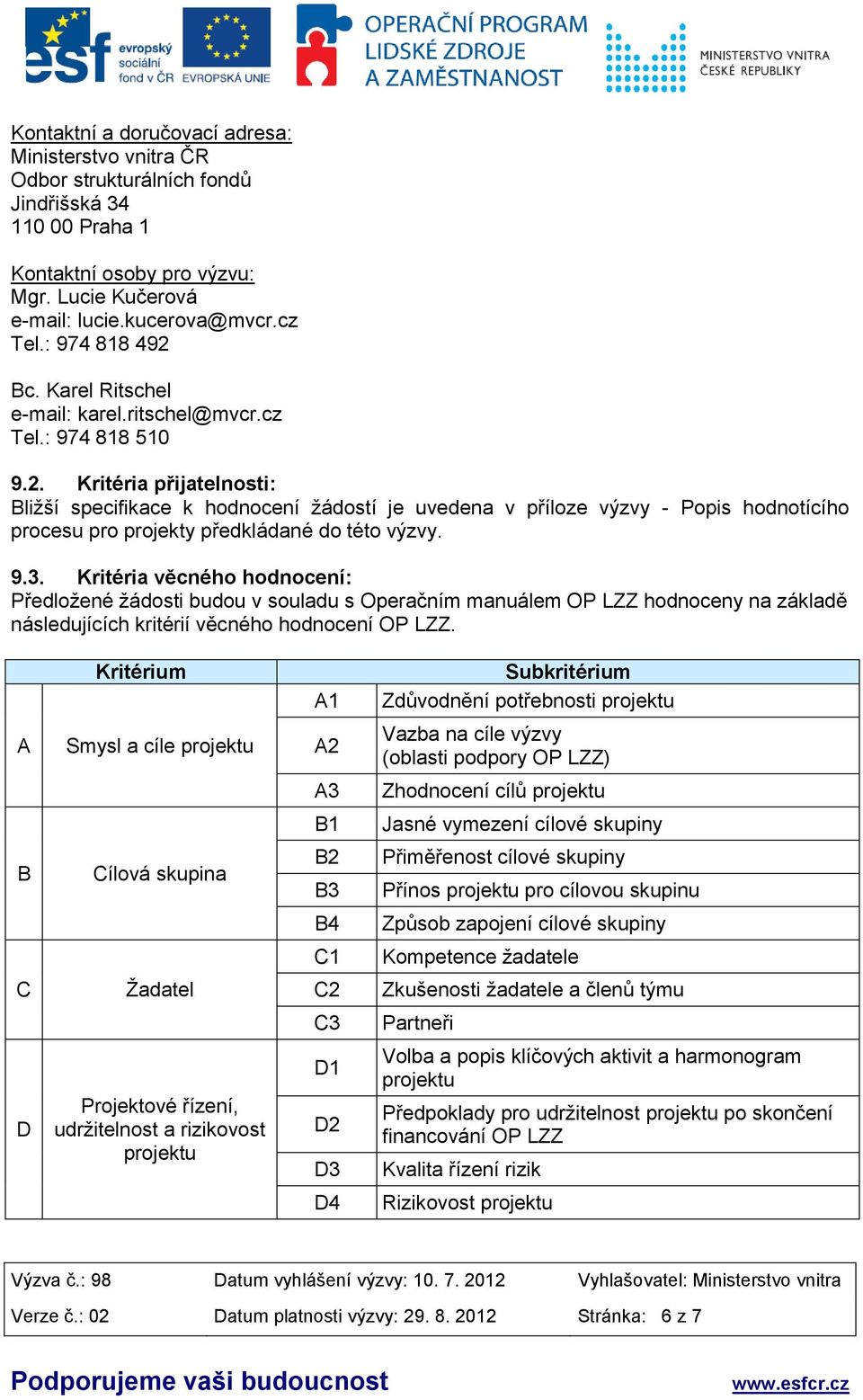 9.3. Kritéria věcného hodnocení: Předložené žádosti budou v souladu s Operačním manuálem OP LZZ hodnoceny na základě následujících kritérií věcného hodnocení OP LZZ.