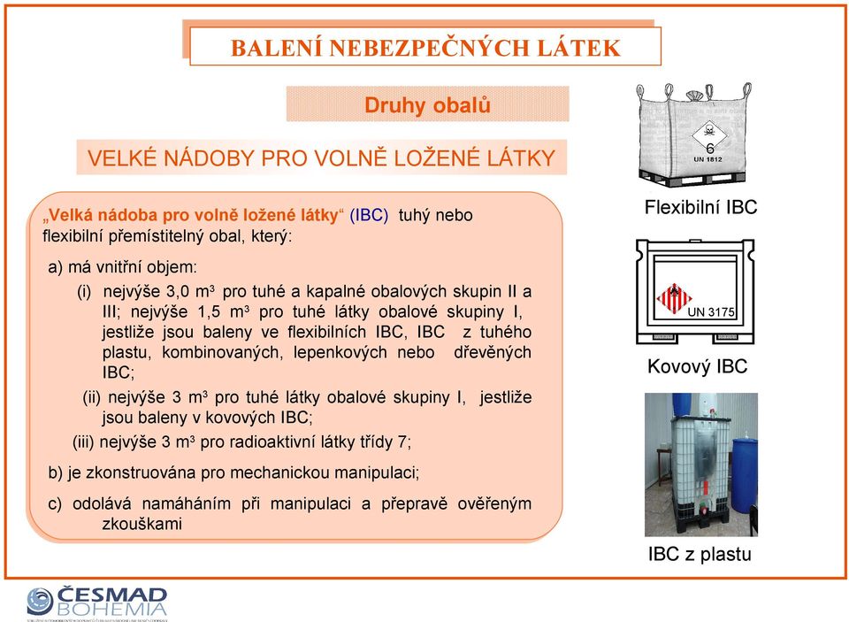 ve flexibilních IBC, IBC z tuhého plastu, kombinovaných, lepenkových nebo dřevěných IBC; (ii) nejvýše 3 m3 pro tuhé látky obalové skupiny I, jestliže jsou baleny v kovových IBC; (iii)