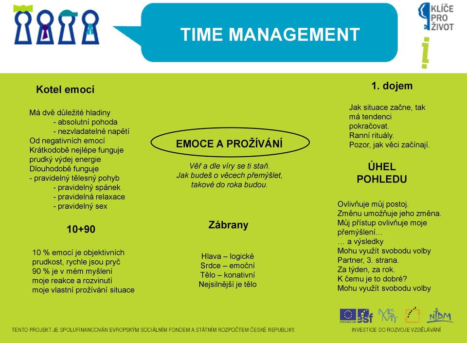 prožívání situace EMOCE A PROŢÍVÁNÍ Věř a dle víry se ti staň. Jak budeš o věcech přemýšlet, takové do roka budou. Zábrany Hlava logické Srdce emoční Tělo konativní Nejsilnější je tělo 1.