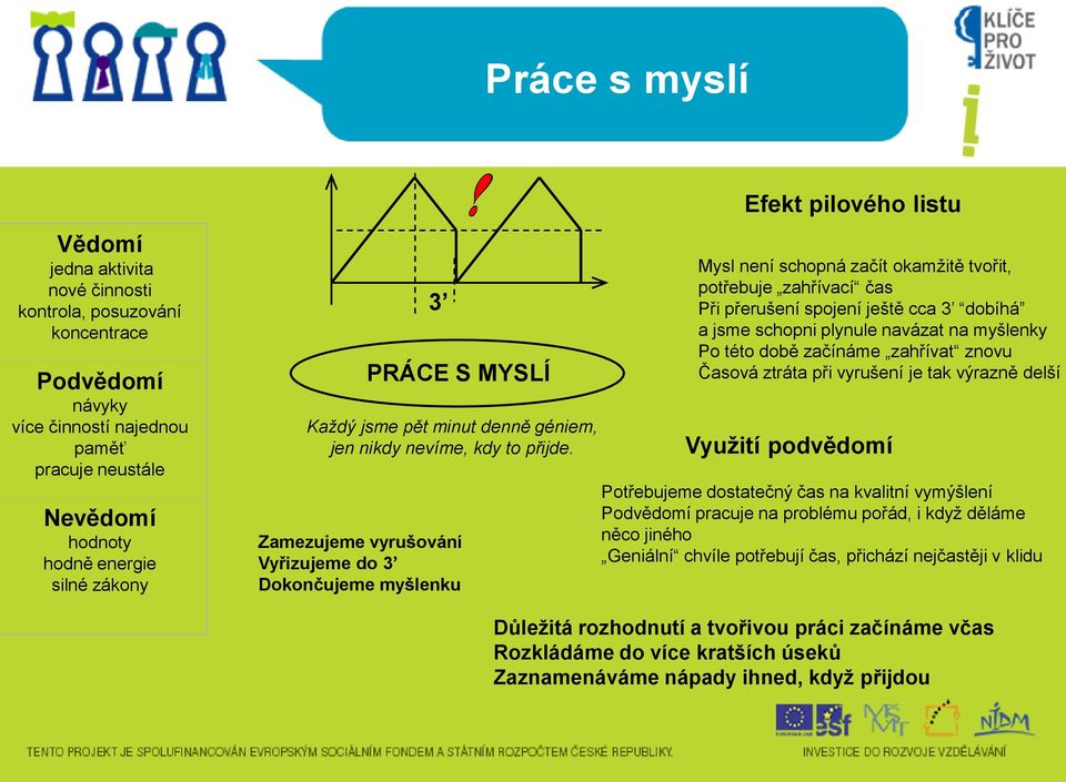 Zamezujeme vyrušování Vyřizujeme do 3 Dokončujeme myšlenku Efekt pilového listu Mysl není schopná začít okamžitě tvořit, potřebuje zahřívací čas Při přerušení spojení ještě cca 3 dobíhá a jsme