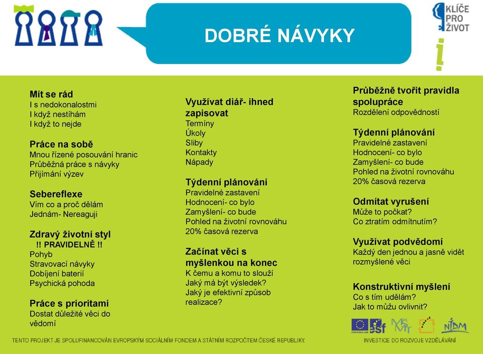 ! Pohyb Stravovací návyky Dobíjení baterií Psychická pohoda Práce s prioritami Dostat důležité věci do vědomí Vyuţívat diář- ihned zapisovat Termíny Úkoly Sliby Kontakty Nápady Týdenní plánování