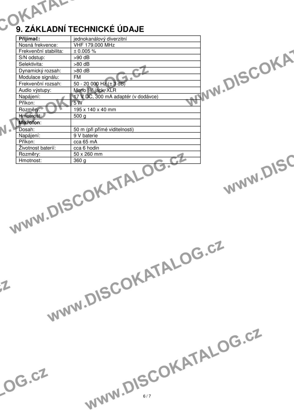 Audio výstupy: Mono ¼" jack, XLR Napájení: 17 V DC, 300 ma adaptér (v dodávce) Příkon: 5 W Rozměry: 195 x 140 x 40 mm Hmotnost: 500 g