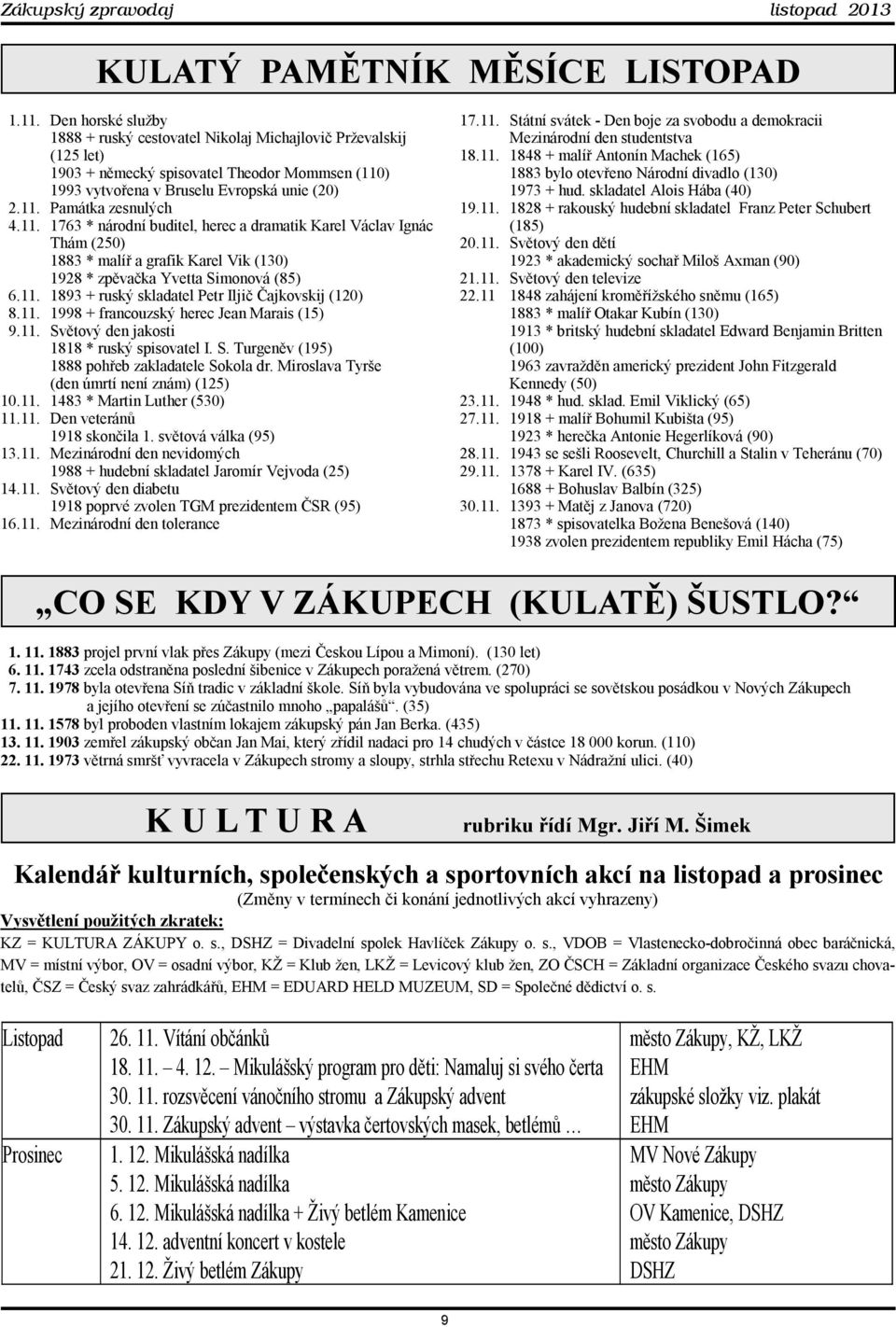 11. 1763 * národní buditel, herec a dramatik Karel Václav Ignác Thám (250) 1883 * malíř a grafik Karel Vik (130) 1928 * zpěvačka Yvetta Simonová (85) 6.11. 1893 + ruský skladatel Petr Iljič Čajkovskij (120) 8.