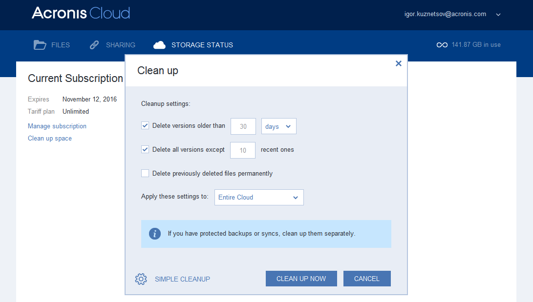 8.7 Jak uvolnit místo v úložišti Acronis Cloud Váš úložný prostor ve službě Acronis Cloud je možné uvolnit pro novější data. Vyčištění úložiště Acronis Cloud: 1.