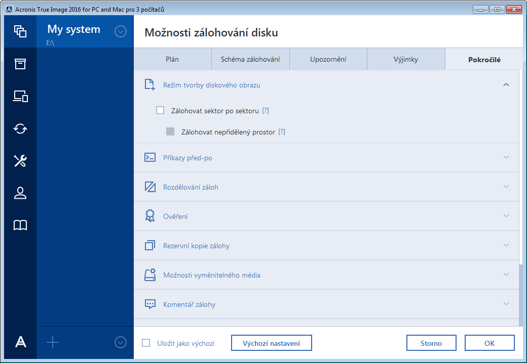 Po instalaci aplikace jsou všechny možnosti nastaveny na výchozí hodnoty. Můžete je měnit pouze pro aktuální operaci zálohování nebo pro všechny budoucí operace zálohování.