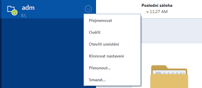 4.4.1 Nabídka Operace zálohování Nabídka Operace zálohování nabízí rychlý přístup k dalším operacím, které lze provádět s vybranou zálohou.