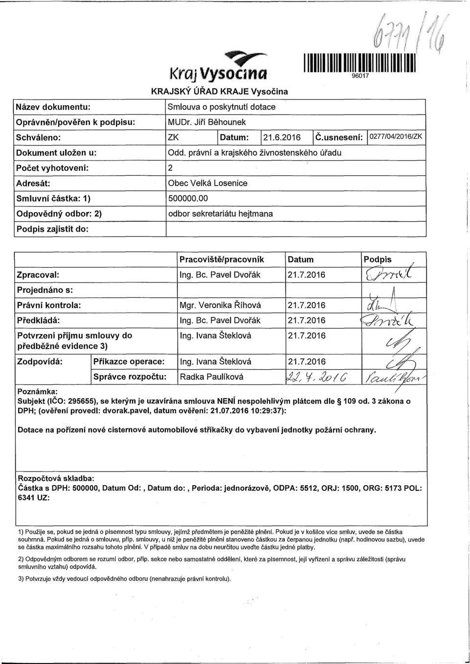 00 Odpovědný odbor: 2) odbor sekretariátu hejtmana Podpis zajistit do: Pracoviště/pracovník Datum Podpis Zpracoval: Ing. Bc. Pavel Dvořák 21.7.2016 Projednáno s: Právní kontrola: Mgr.