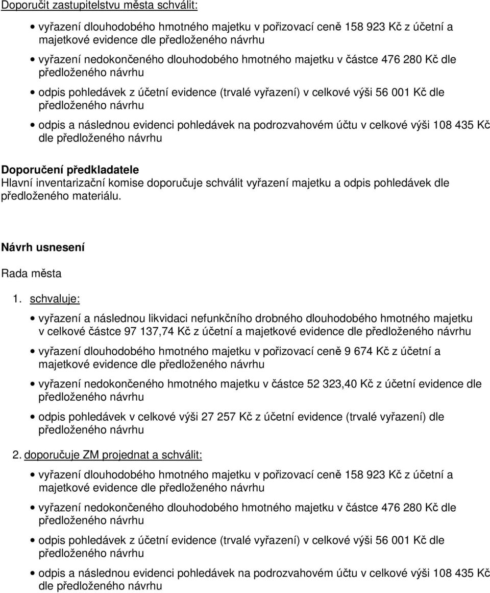 pohledávek na podrozvahovém účtu v celkové výši 108 435 Kč dle předloženého návrhu Doporučení předkladatele Hlavní inventarizační komise doporučuje schválit vyřazení majetku a odpis pohledávek dle