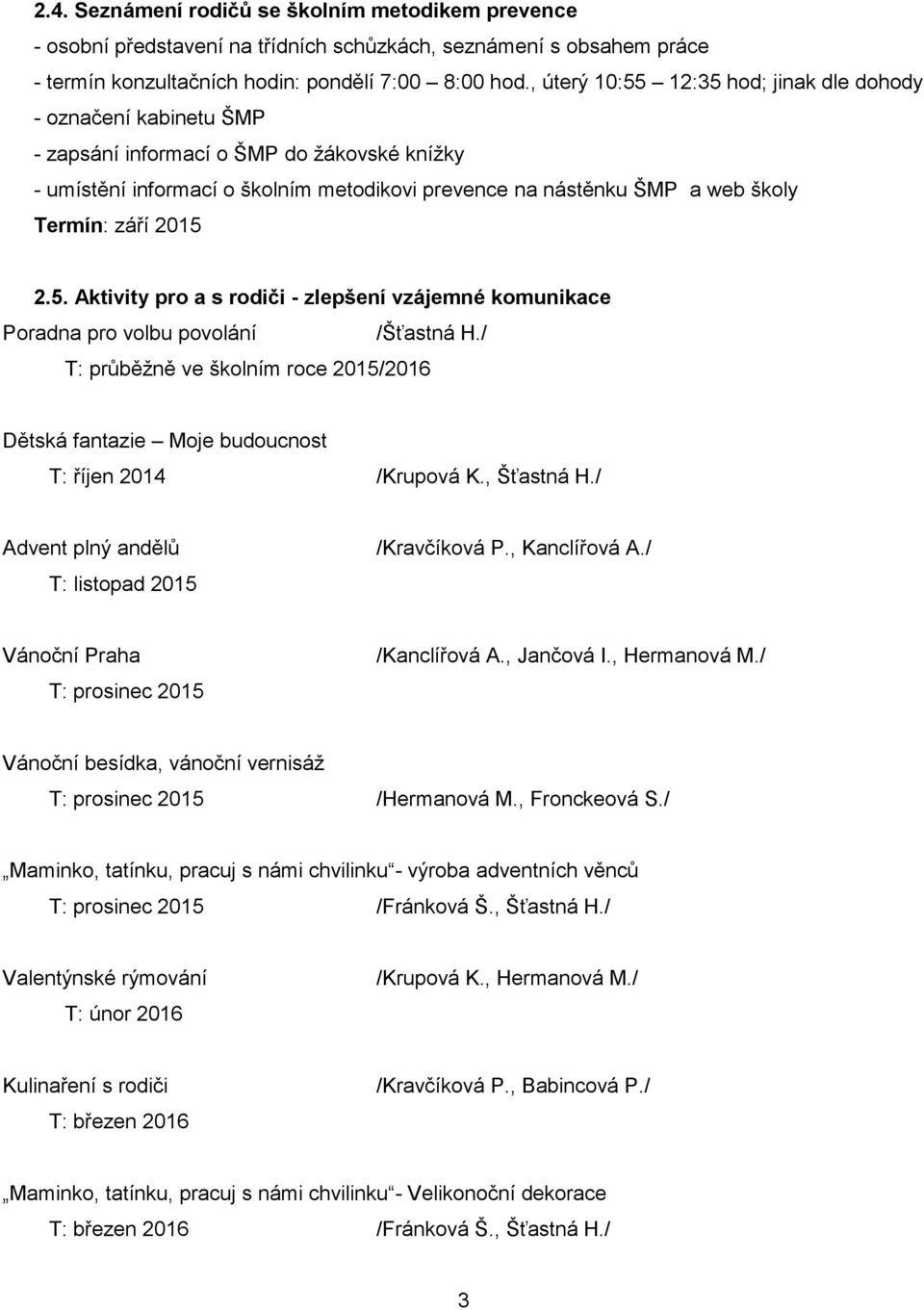září 2015 2.5. Aktivity pro a s rodiči - zlepšení vzájemné komunikace Poradna pro volbu povolání /Šťastná H.