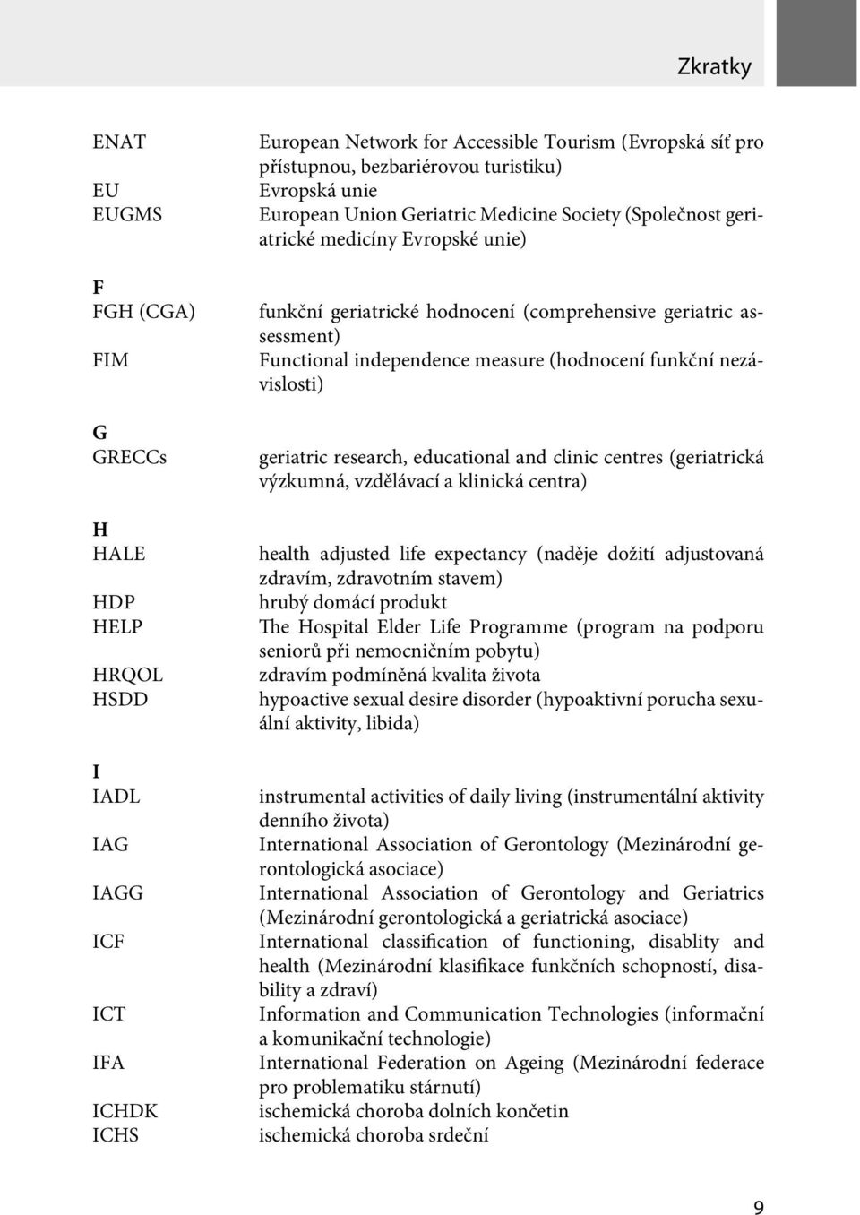 independence measure (hodnocení funkční nezávislosti) geriatric research, educational and clinic centres (geriatrická výzkumná, vzdělávací a klinická centra) health adjusted life expectancy (naděje