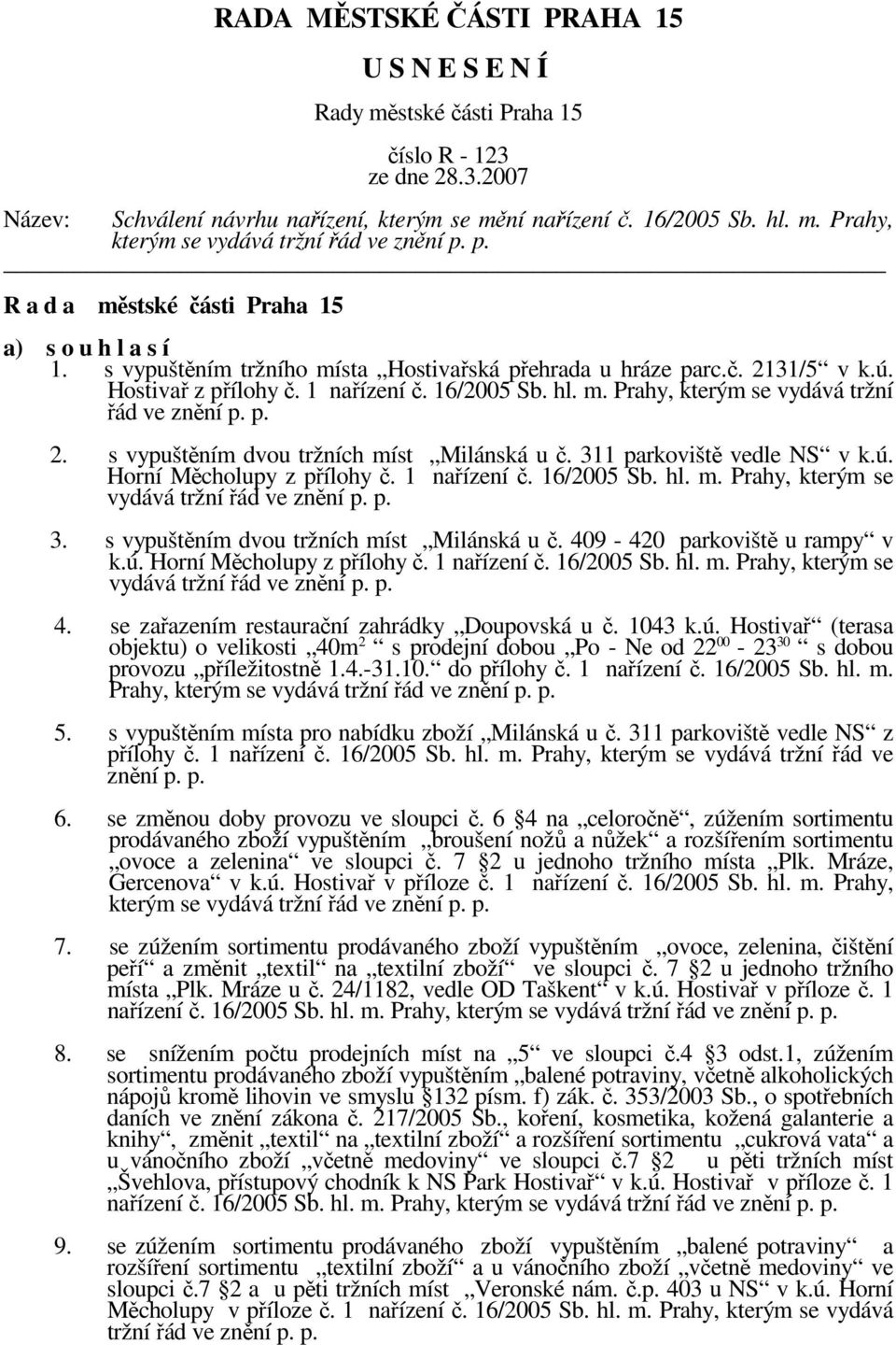 311 parkoviště vedle NS v k.ú. Horní Měcholupy z přílohy č. 1 nařízení č. 16/2005 Sb. hl. m. Prahy, kterým se vydává tržní řád ve znění p. p. 3. s vypuštěním dvou tržních míst Milánská u č.