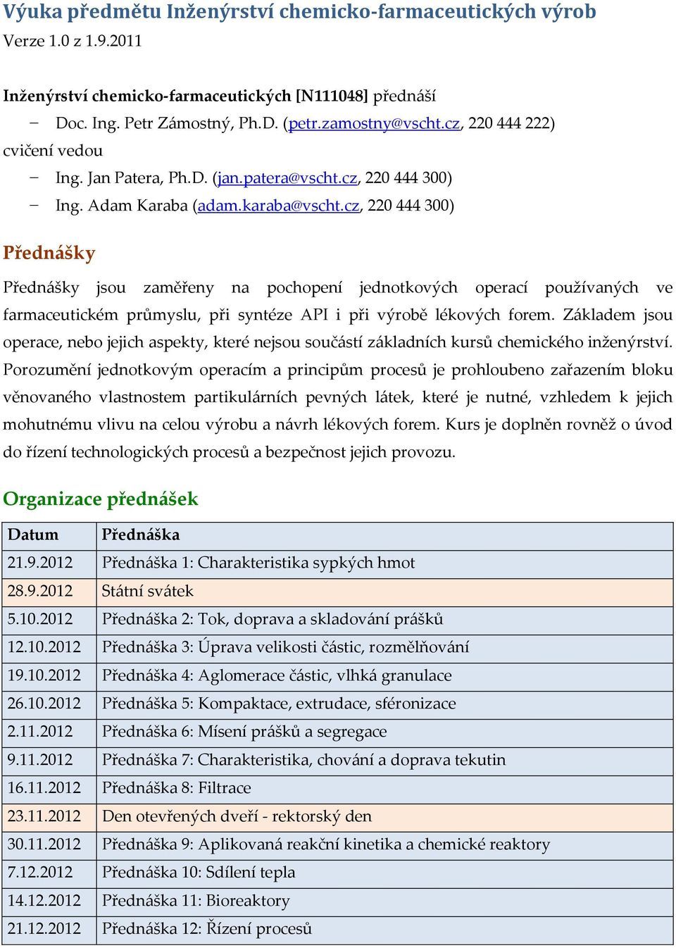 cz, 220 444 300) Přednášky Přednášky jsou zaměřeny na pochopení jednotkových operací používaných ve farmaceutickém průmyslu, při syntéze API i při výrobě lékových forem.