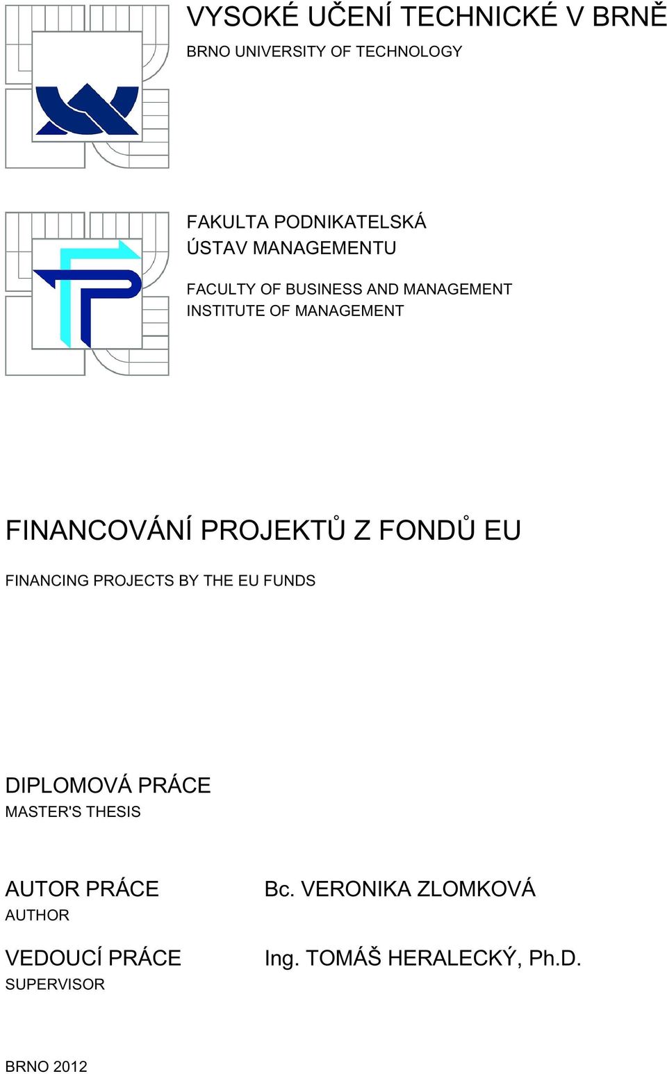 PROJEKTŮ Z FONDŮ EU FINANCING PROJECTS BY THE EU FUNDS DIPLOMOVÁ PRÁCE MASTER'S THESIS