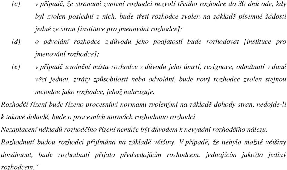 odmítnutí v dané věci jednat, ztráty způsobilosti nebo odvolání, bude nový rozhodce zvolen stejnou metodou jako rozhodce, jehož nahrazuje.