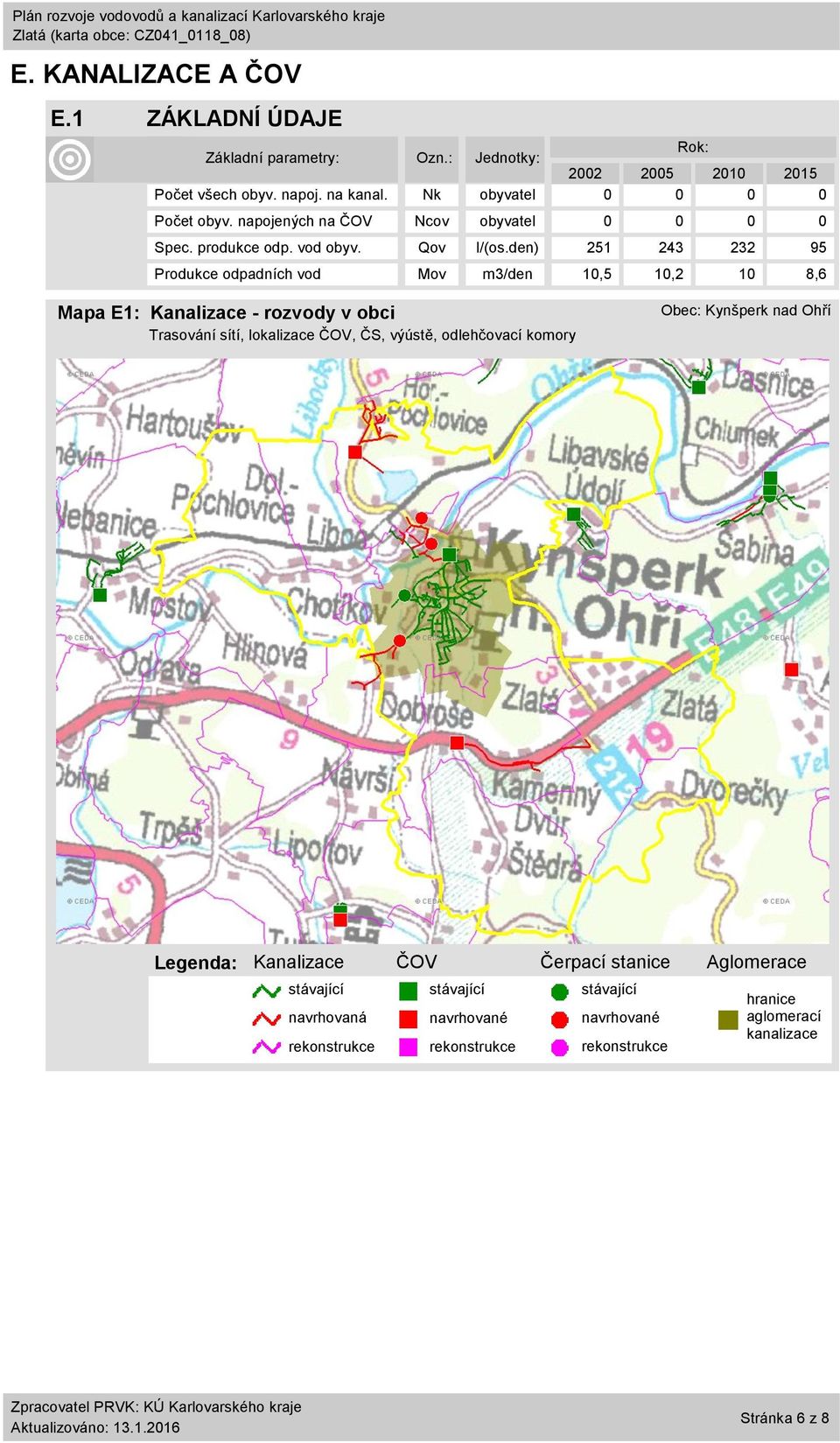 den) 251 243 232 95 Produkce odpadních vod Mov m3/den 1,5 1,2 1 8,6 Mapa E1: Kanalizace - rozvody v obci Trasování sítí, lokalizace ČOV, ČS, výústě,