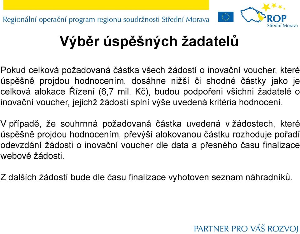 Kč), budou podpořeni všichni žadatelé o inovační voucher, jejichž žádosti splní výše uvedená kritéria hodnocení.