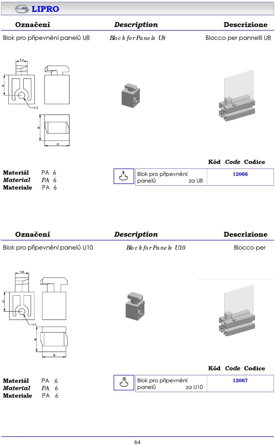 12066 Blok pro připevnění panelů U10 Block for Panels U10