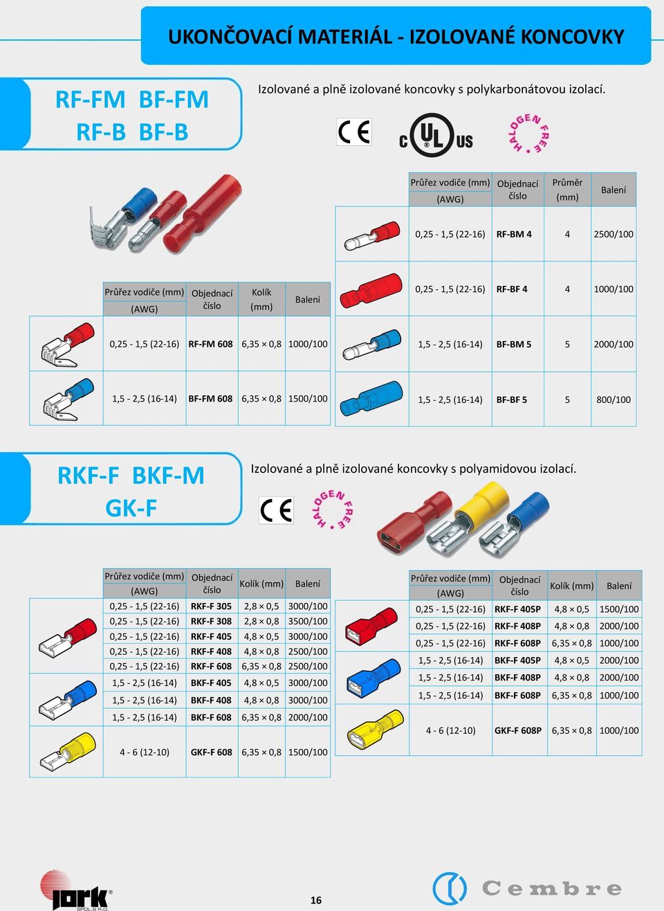 2000/100 1,5-2,5 (16-14) BF-FM 608 6,35 0,8 1500/100 1,5-2,5 (16-14) BF-BF 5 5 800/100 RKF-F BKF-M GK-F Izolované a plně izolované koncovky s polyamidovou izolací.
