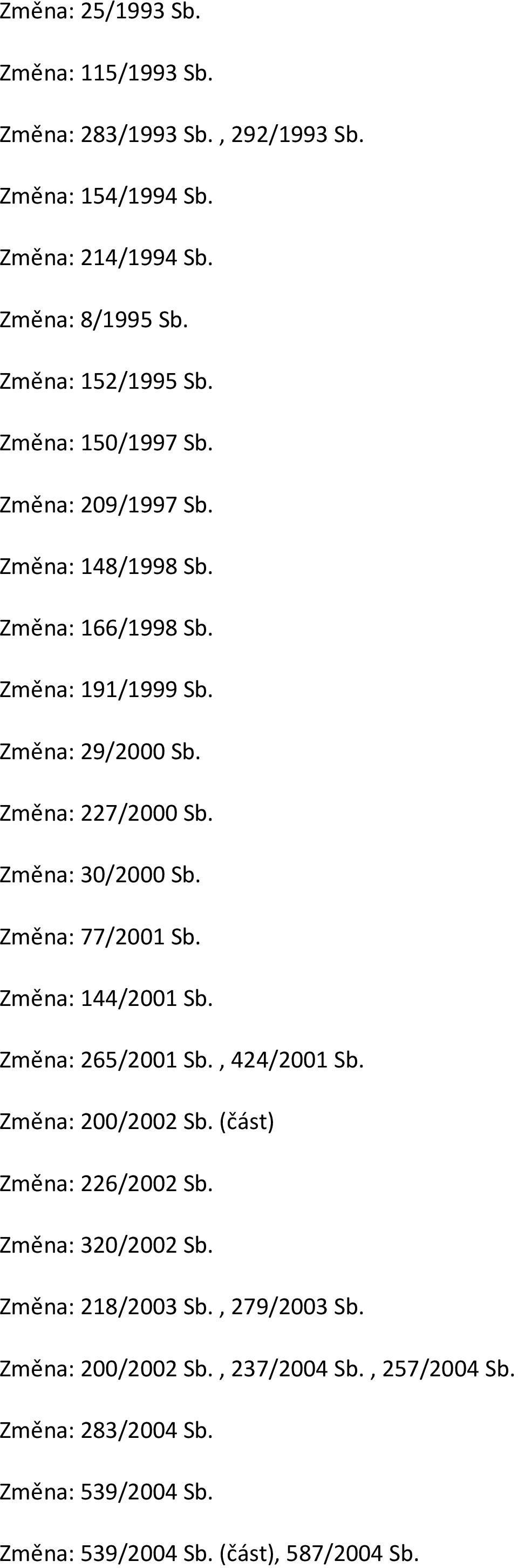 Změna: 30/2000 Sb. Změna: 77/2001 Sb. Změna: 144/2001 Sb. Změna: 265/2001 Sb., 424/2001 Sb. Změna: 200/2002 Sb. (část) Změna: 226/2002 Sb.