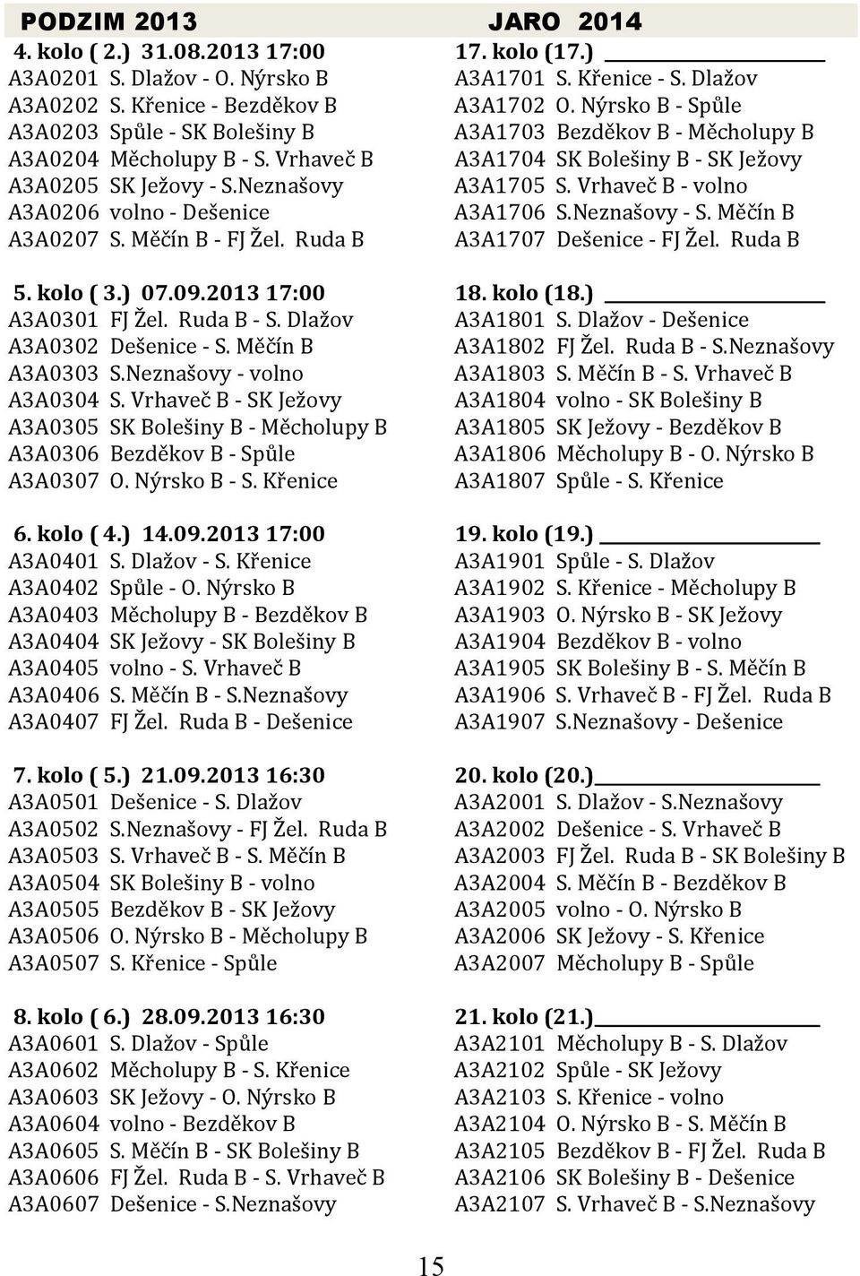 Vrhaveč B volno A3A0206 volno Dešenice A3A1706 S.Neznašovy S. Měčín B A3A0207 S. Měčín B FJ Žel. Ruda B A3A1707 Dešenice FJ Žel. Ruda B 5. kolo ( 3.) 07.09.2013 17:00 18. kolo (18.) A3A0301 FJ Žel.