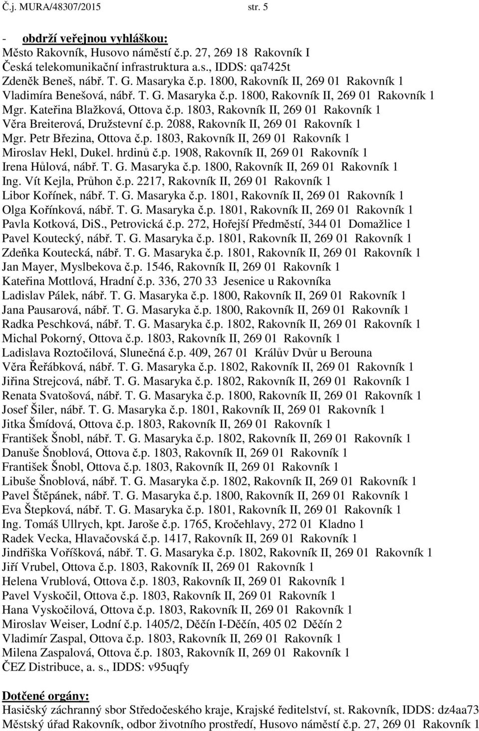 p. 2088, Rakovník II, 269 01 Rakovník 1 Mgr. Petr Březina, Ottova č.p. 1803, Rakovník II, 269 01 Rakovník 1 Miroslav Hekl, Dukel. hrdinů č.p. 1908, Rakovník II, 269 01 Rakovník 1 Irena Hůlová, nábř.