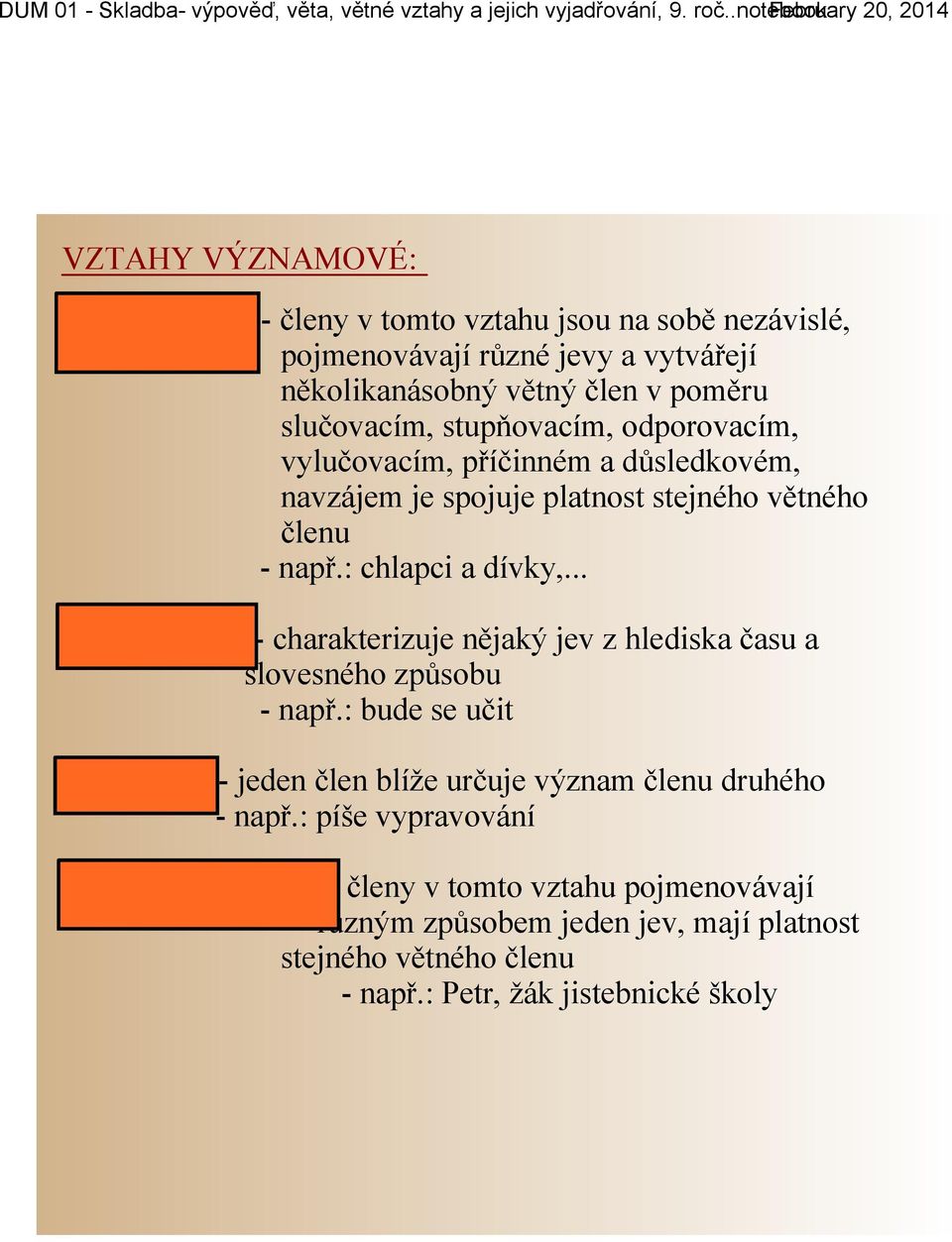 odporovacím, vylučovacím, příčinném a důsledkovém, navzájem je spojuje platnost stejného větného členu např.: chlapci a dívky,... 2.