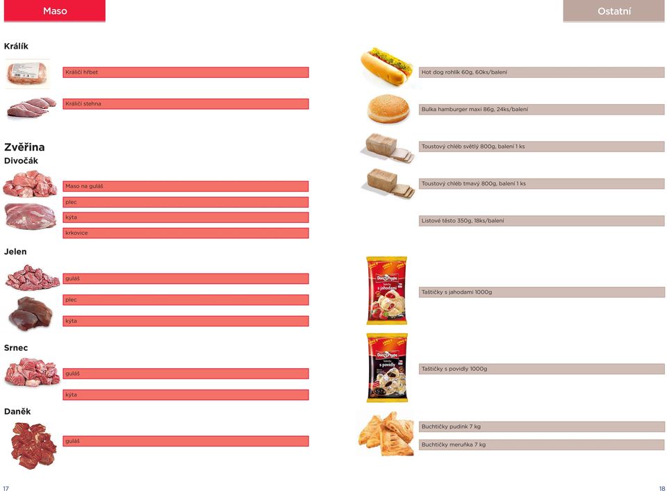 800g, balení 1 ks plec kýta Listové těsto 350g, 18ks/balení krkovice Jelen guláš plec Taštičky s jahodami