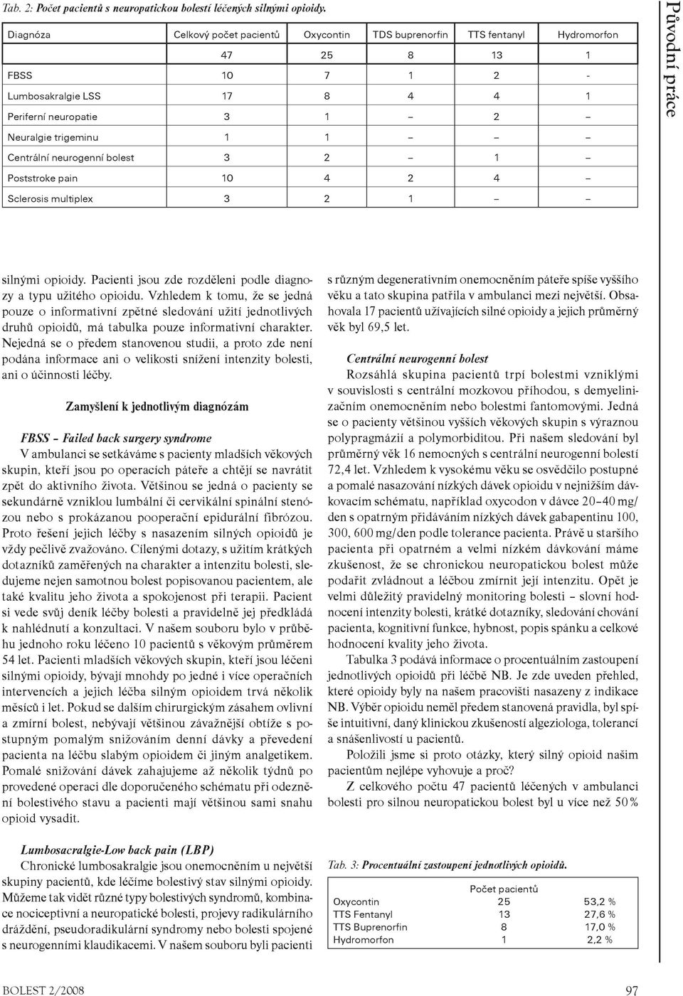 Centrální neurogenní bolest 3 2 1 Poststroke pain 10 4 2 4 Sclerosis multiplex 3 2 1 Původní práce silnými opioidy. Pacienti jsou zde rozděleni podle diagnozy a typu užitého opioidu.