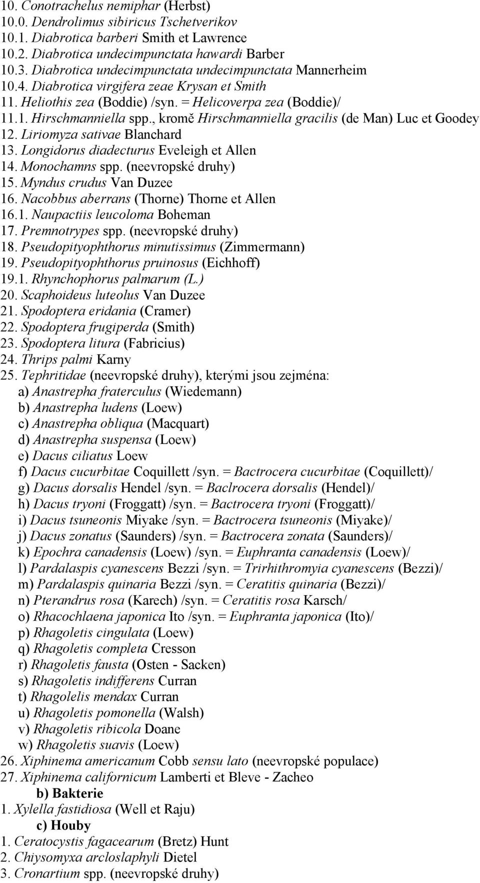 , kromě Hirschmanniella gracilis (de Man) Luc et Goodey 12. Liriomyza sativae Blanchard 13. Longidorus diadecturus Eveleigh et Allen 14. Monochamns spp. (neevropské druhy) 15.