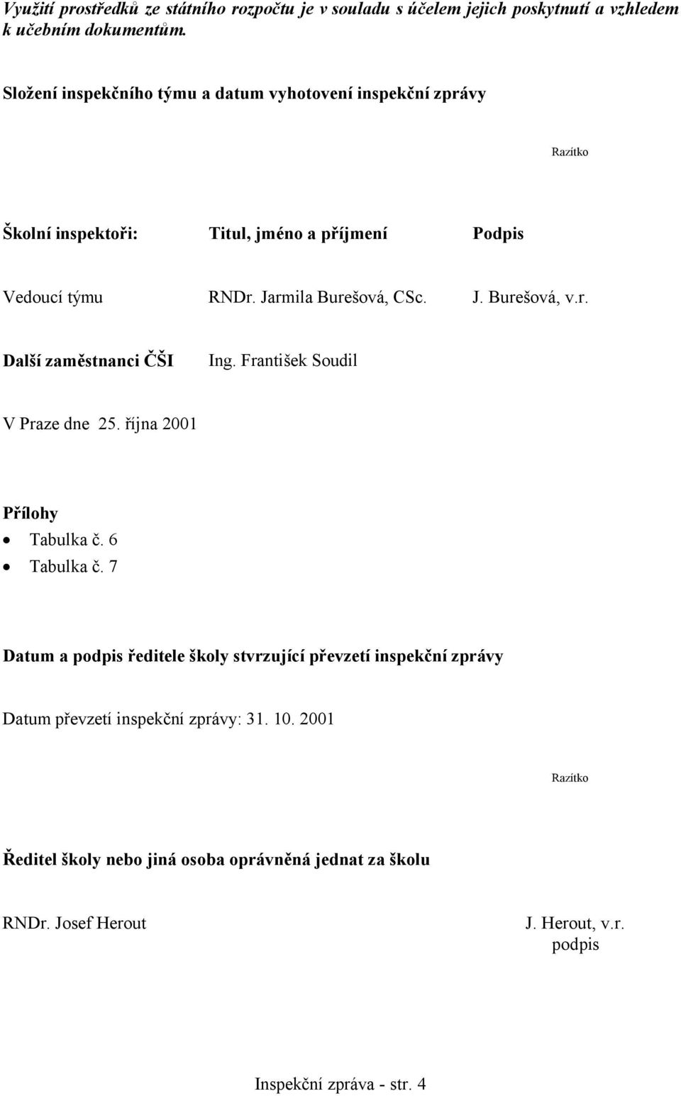 J. Burešová, v.r. Další zaměstnanci ČŠI Ing. František Soudil V Praze dne 25. října 2001 Přílohy Tabulka č. 6 Tabulka č.