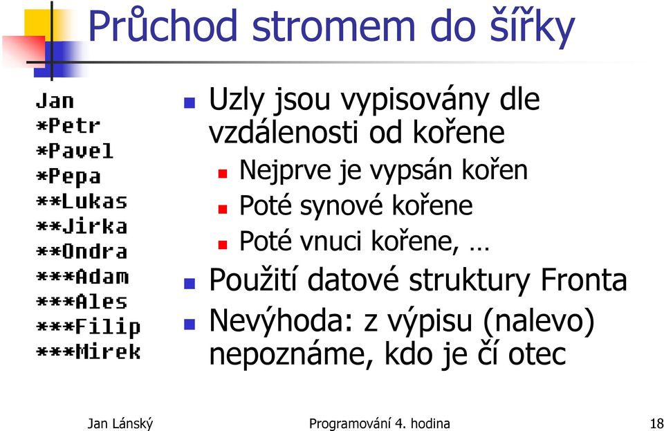 kořene, Použití datové struktury Fronta Nevýhoda: z výpisu