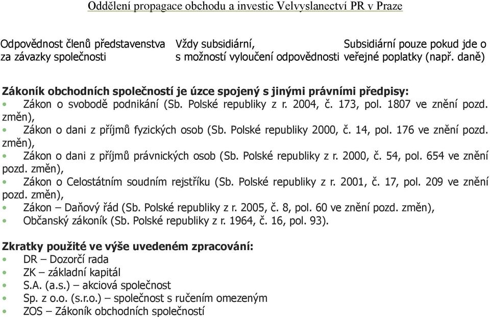 změn), Zákon o dani z příjmů fyzických osob (Sb. Polské republiky 2000, č. 14, pol. 176 ve znění pozd. změn), Zákon o dani z příjmů právnických osob (Sb. Polské republiky z r. 2000, č. 54, pol.