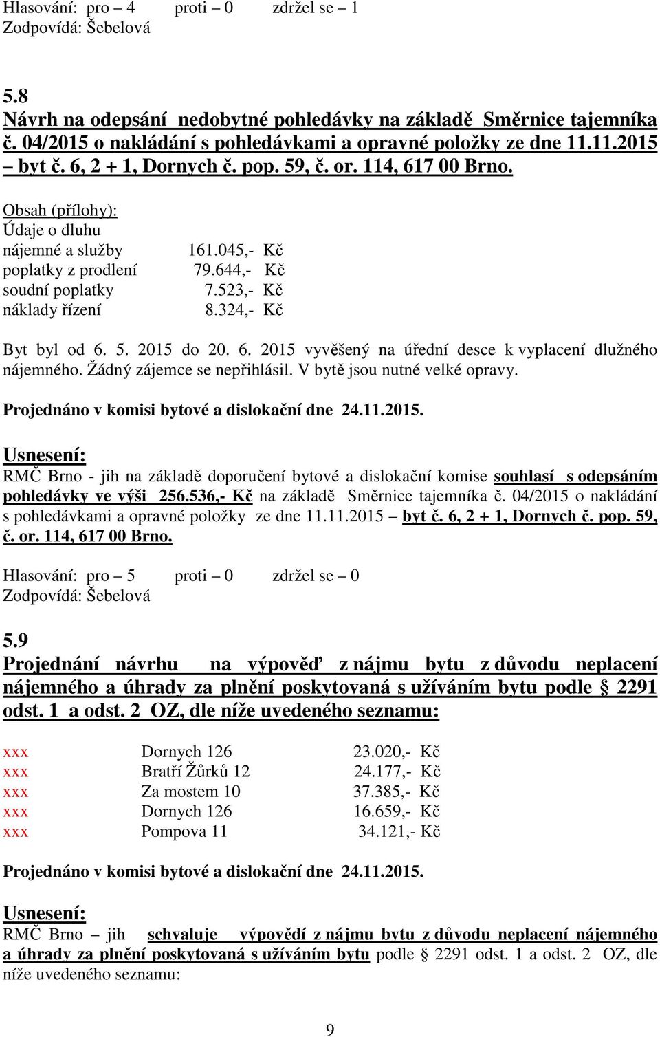 324,- Kč Byt byl od 6. 5. 2015 do 20. 6. 2015 vyvěšený na úřední desce k vyplacení dlužného nájemného. Žádný zájemce se nepřihlásil. V bytě jsou nutné velké opravy.