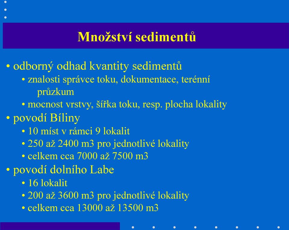 plocha lokality povodí Bíliny 10 míst v rámci 9 lokalit 250 až 2400 m3 pro jednotlivé