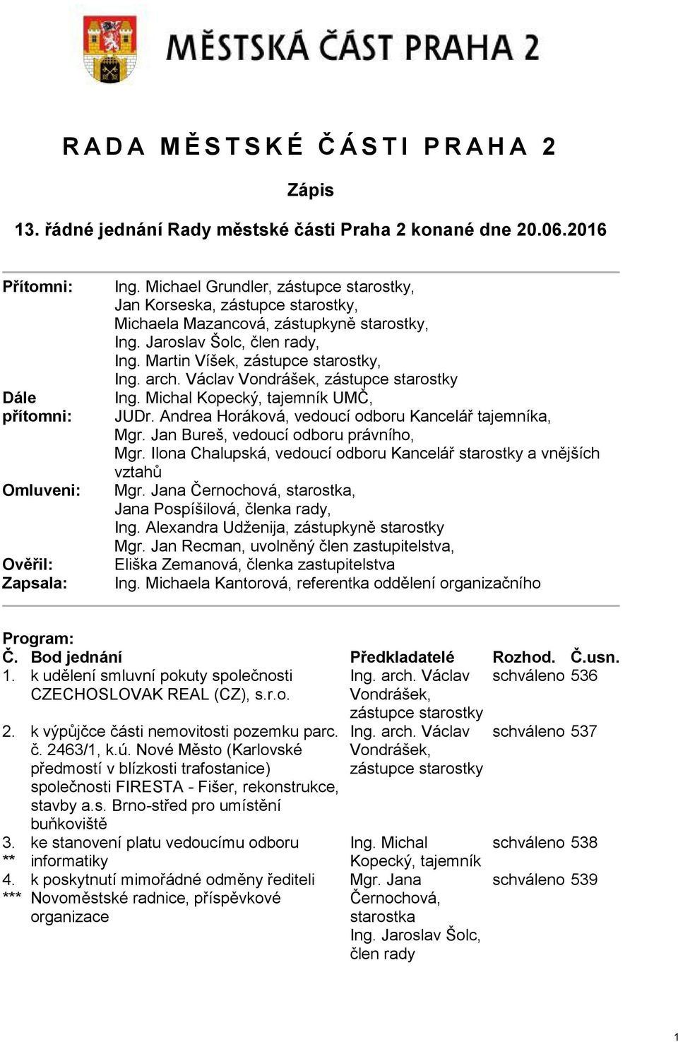 Václav Vondrášek, zástupce starostky Ing. Michal Kopecký, tajemník UMČ, JUDr. Andrea Horáková, vedoucí odboru Kancelář tajemníka, Mgr. Jan Bureš, vedoucí odboru právního, Mgr.
