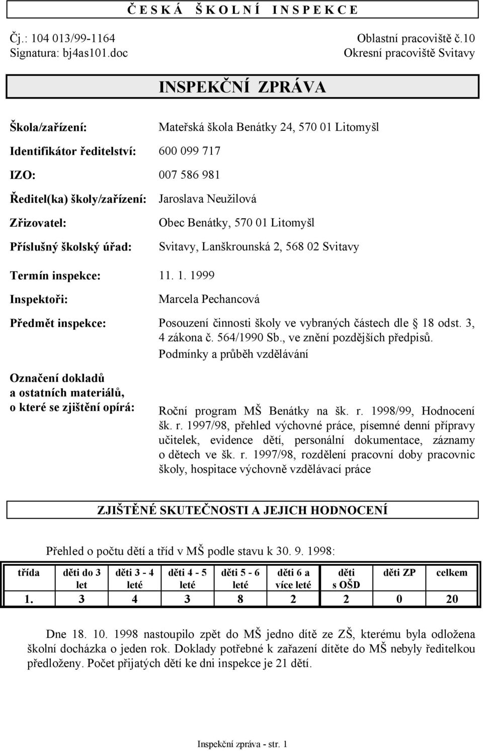 Litomyšl 600 099 717 007 586 981 Jaroslava Neužilová Obec Benátky, 570 01 Litomyšl Svitavy, Lanškrounská 2, 568 02 Svitavy Termín inspekce: 11