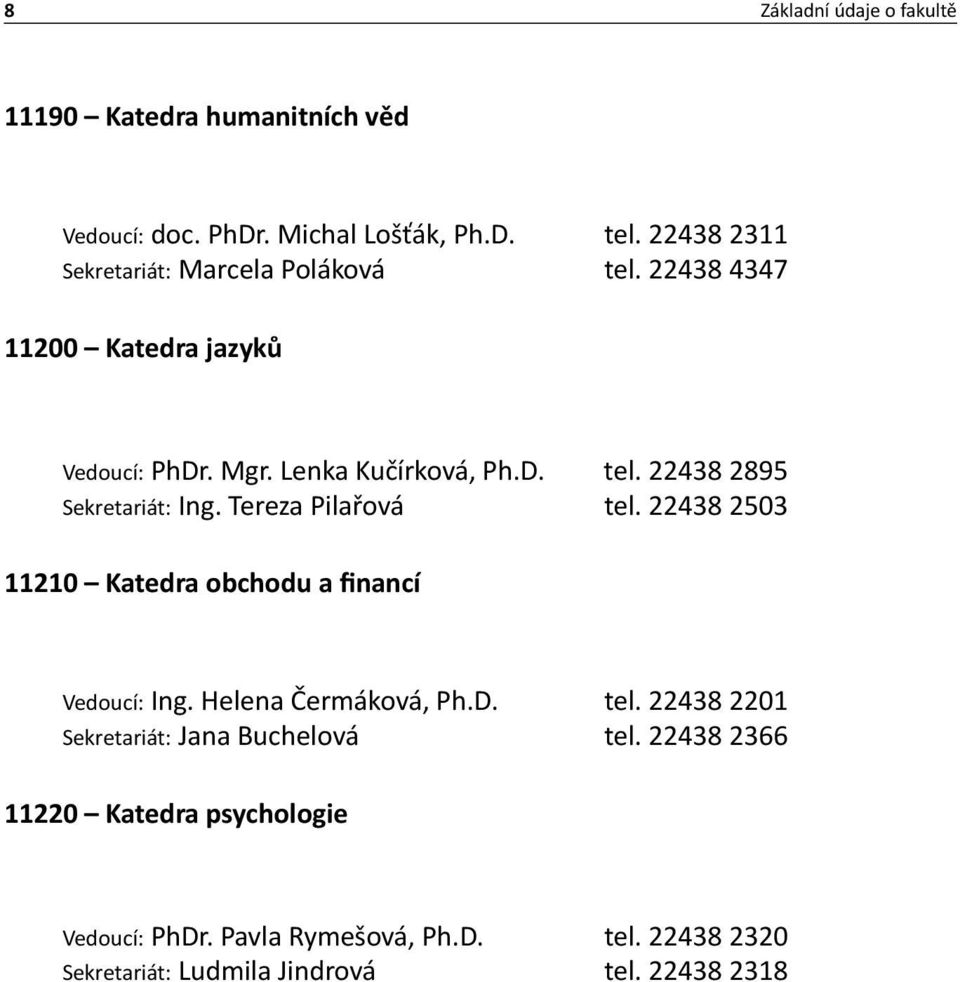 Tereza Pilařová tel. 22438 2503 obchodu a financí Vedoucí: Ing. Helena Čermáková, Ph.D. tel. 22438 2201 Sekretariát: Jana Buchelová tel.