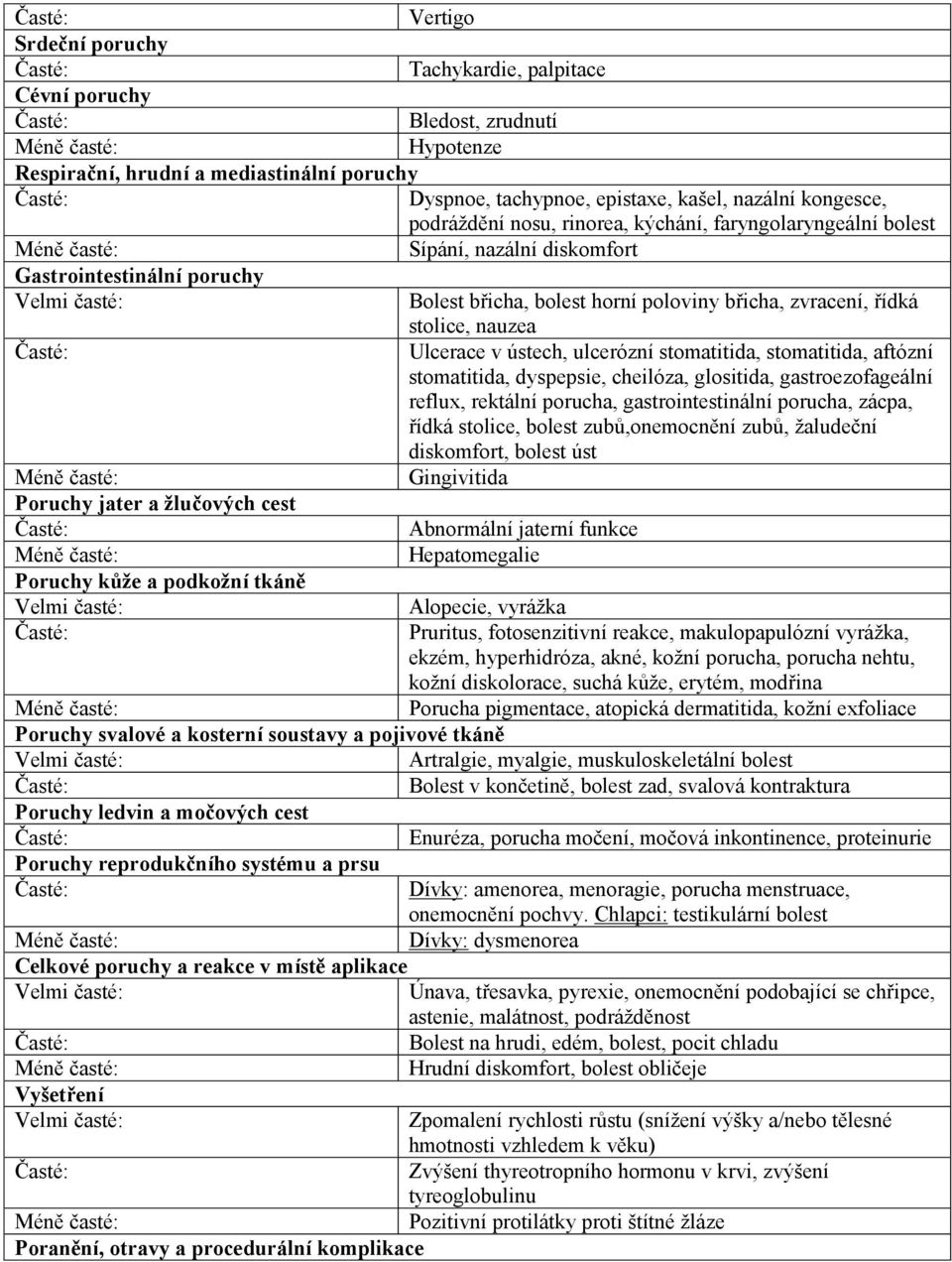 ulcerózní stomatitida, stomatitida, aftózní stomatitida, dyspepsie, cheilóza, glositida, gastroezofageální reflux, rektální porucha, gastrointestinální porucha, zácpa, řídká stolice, bolest