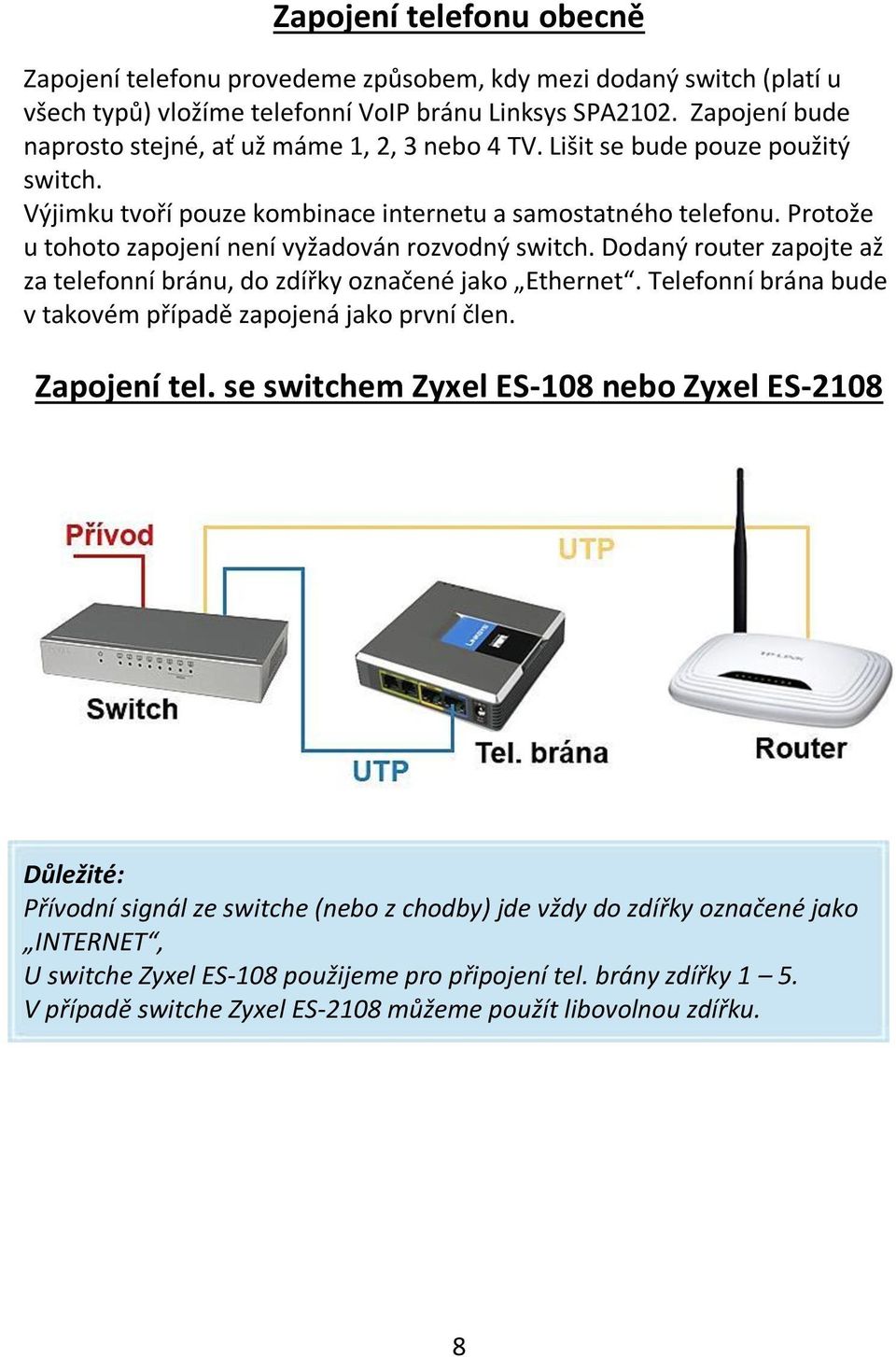 Protože u tohoto zapojení není vyžadován rozvodný switch. Dodaný router zapojte až za telefonní bránu, do zdířky označené jako Ethernet.