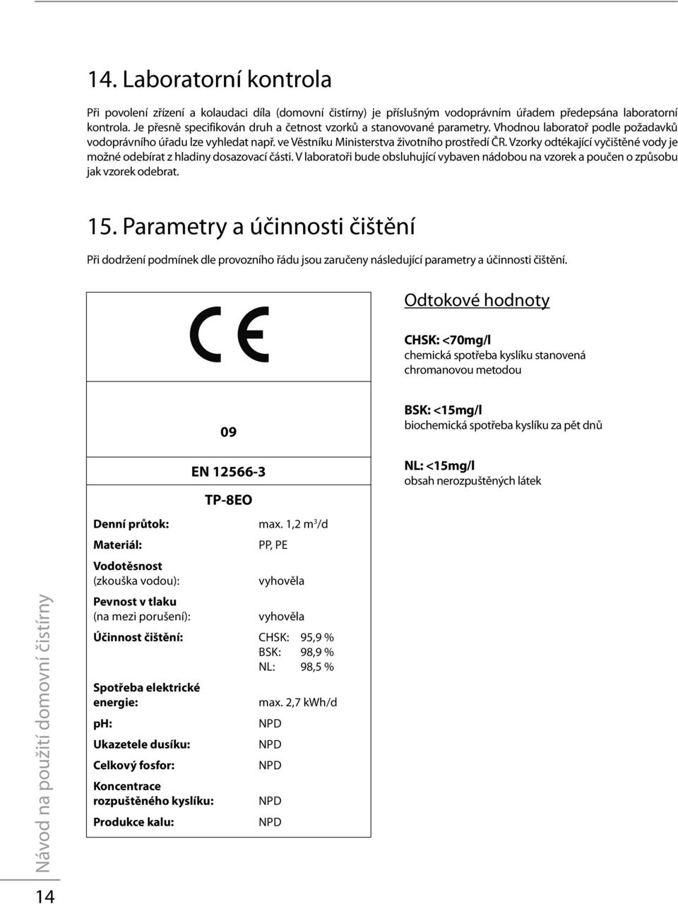 Vzorky odtékající vyčištěné vody je možné odebírat z hladiny dosazovací části. V laboratoři bude obsluhující vybaven nádobou na vzorek a poučen o způsobu jak vzorek odebrat. 15.